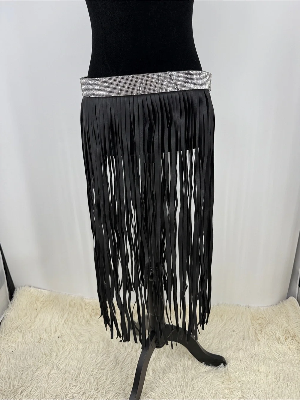 Faux Leather Fringe Belt with Rhinestone Waistband - Black